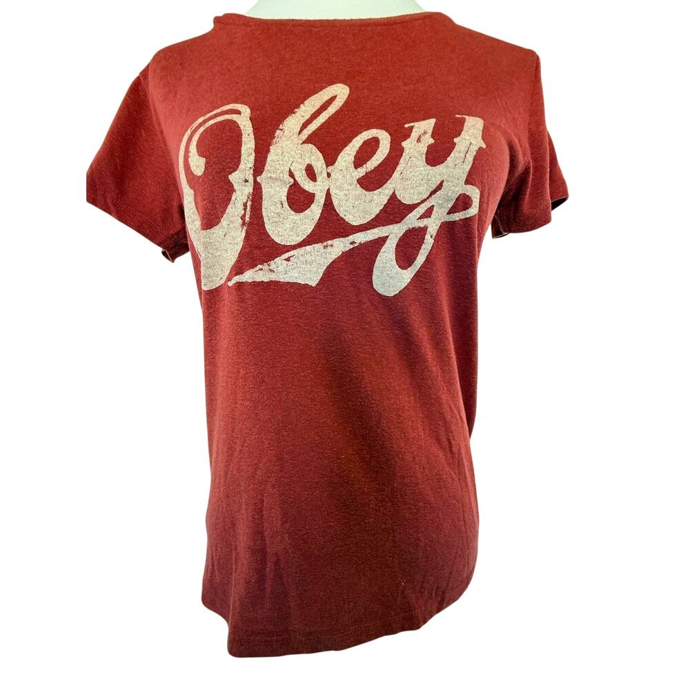 SKU2487 OBEY Women's Small Burnt Red Graphic Logo T-Shirt Made in USA